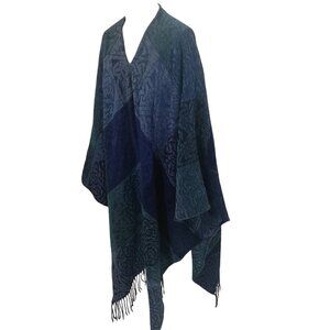 Calzeat Celtic Collection Woven Fringe Poncho Size OS Boho Blue Wool Scotland